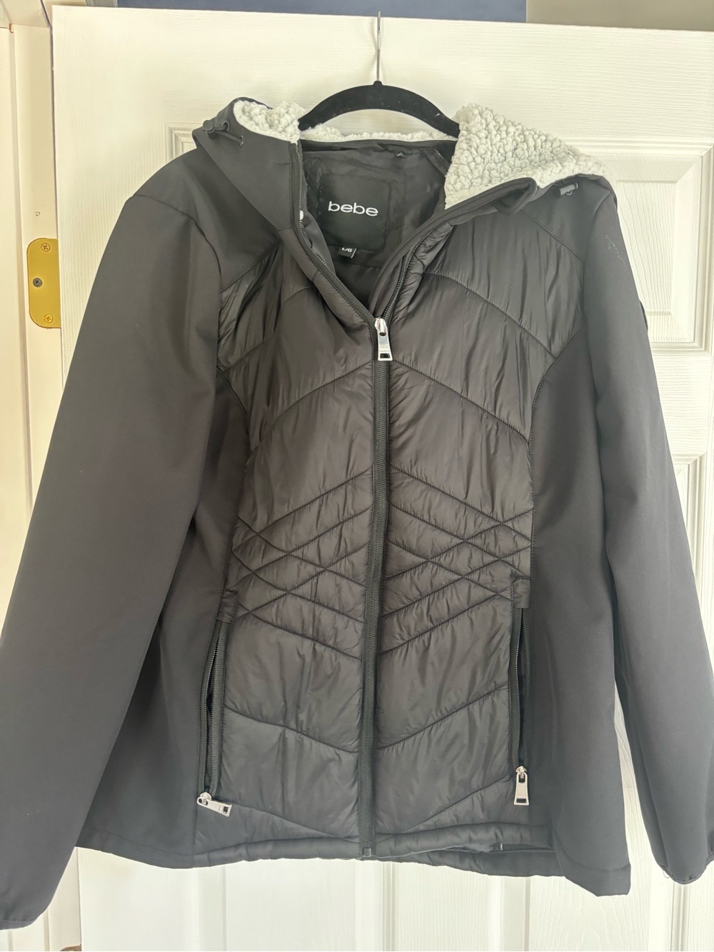 bebe Black Quilted Hooded Puffer Jacket with Sherpa Lining
